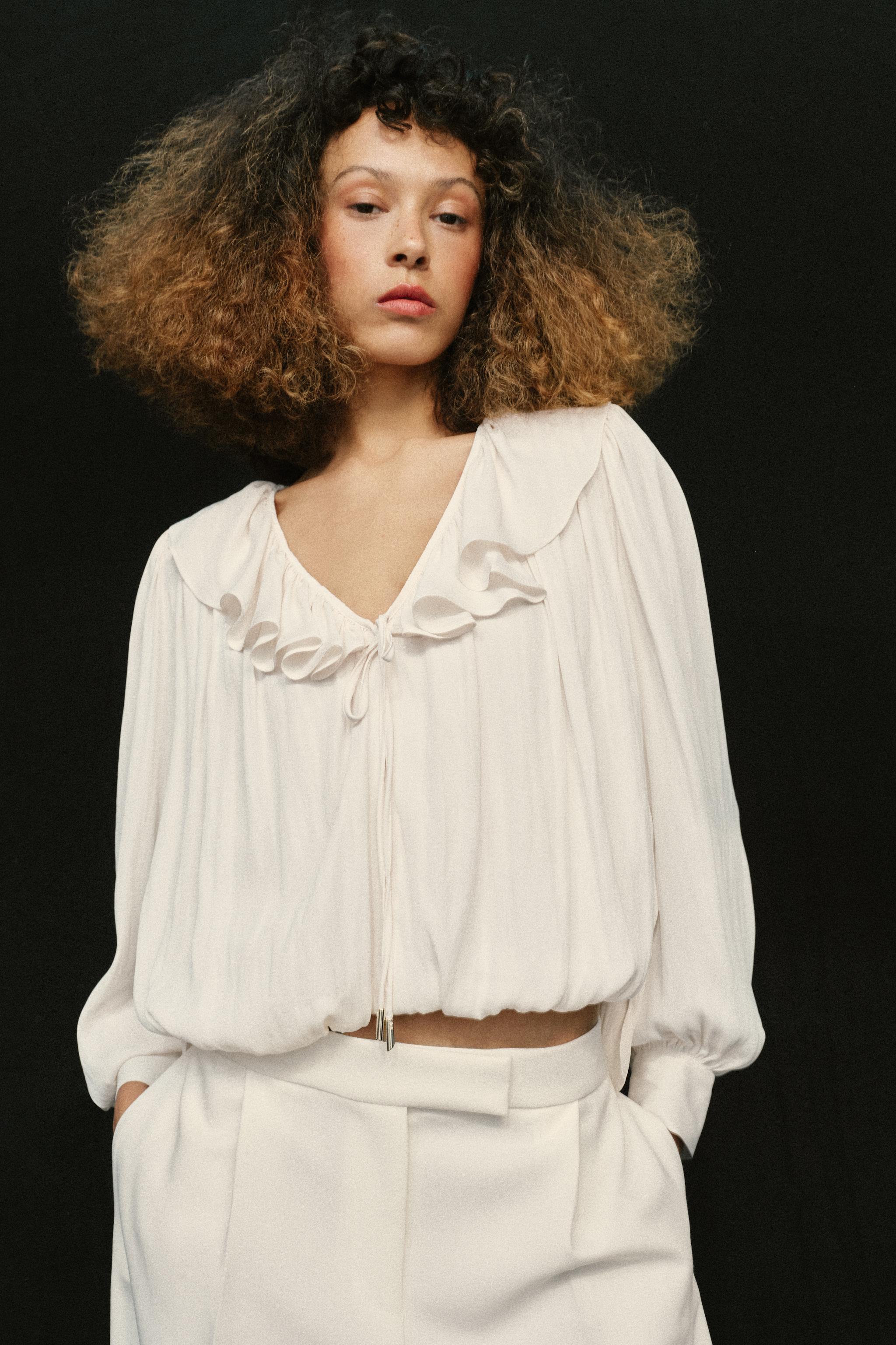 RUFFLED SATIN EFFECT BLOUSE WITH SHOULDER PADS